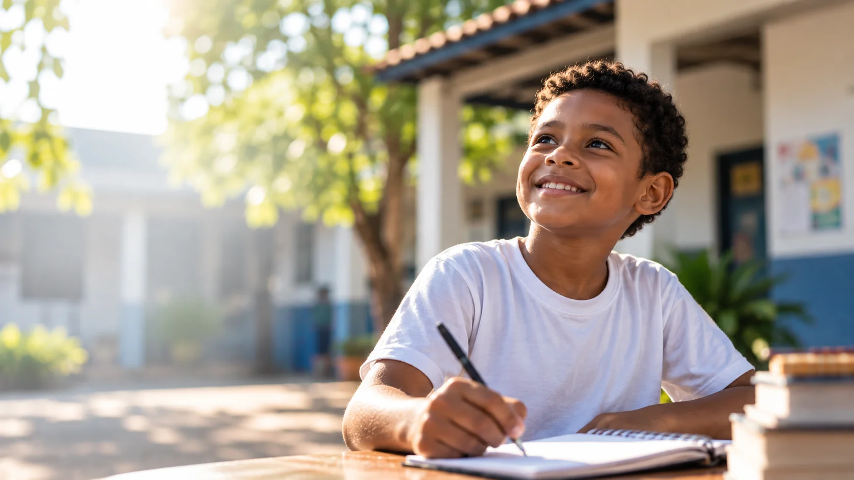 Criança sorrindo, escrevendo em um caderno em ambiente escolar acolhedor.